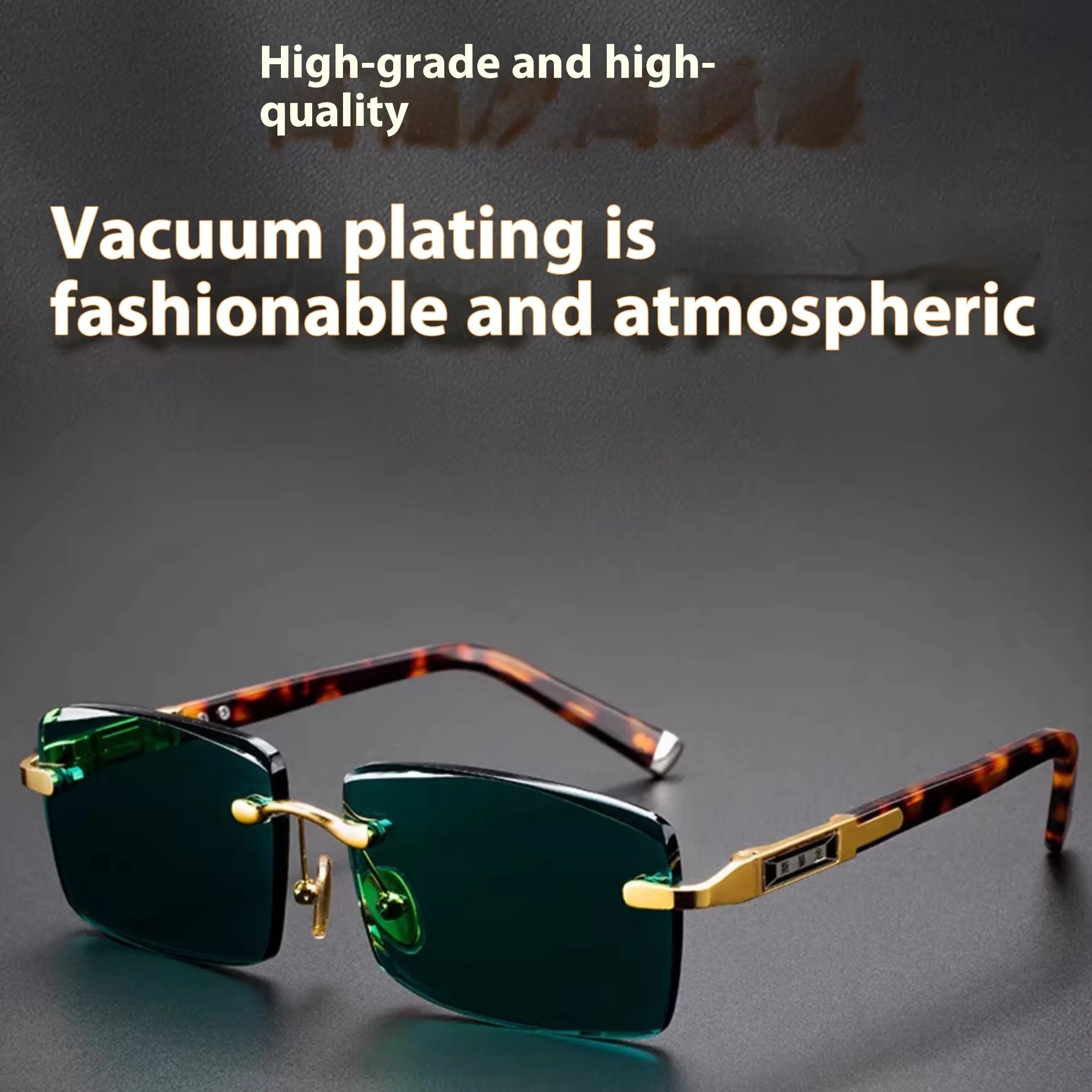 A pair of frameless dark green crystal sunglasses with a hard case and lens cloth.