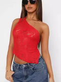 Women's sleeveless lace backless vest with asymmetrical neckline in solid colour.