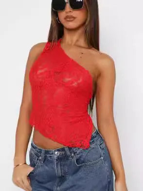 Women's sleeveless lace backless vest with asymmetrical neckline in solid colour.