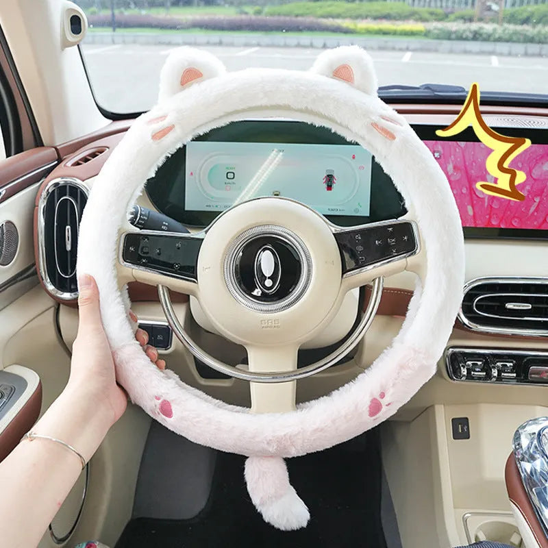 Plush steering wheel cover with cartoon embroidery for 38cm diameter wheels