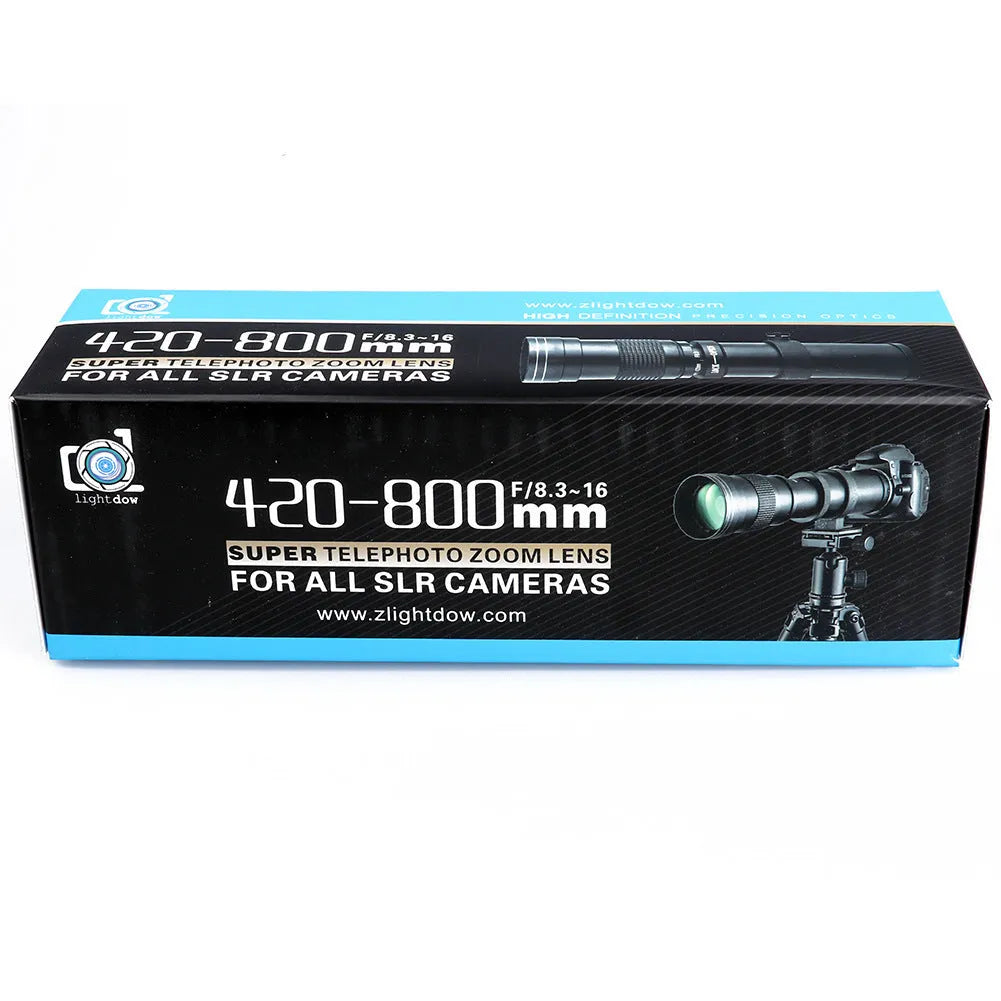 420-800mm manual telephoto zoom lens with T-mount, black barrel, 67mm filter thread, for DSLR cameras