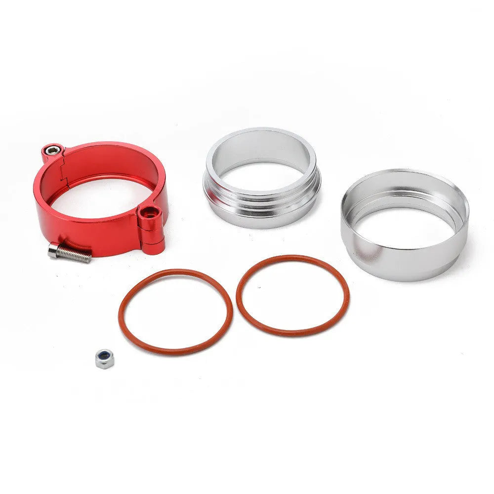 Aluminium exhaust clamp for turbo downpipes in black, blue, and red with 800psi pressure rating