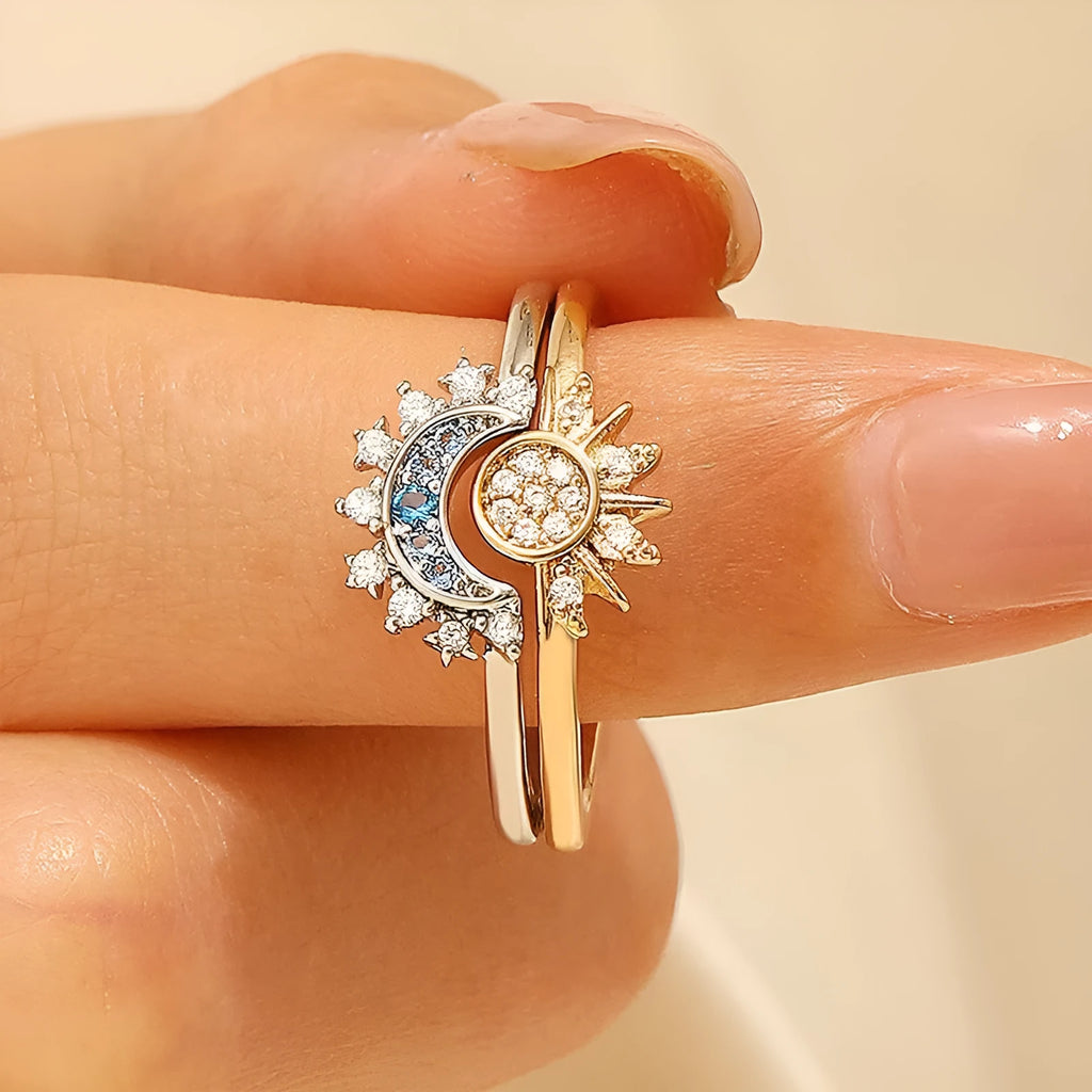 Sun And Moon diamond-studded alloy geometric couple ring set with sun and moon motifs