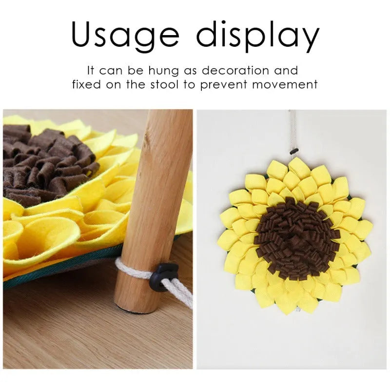Yellow sunflower-shaped non-slip dog snuffle mat with fleece layers for slow feeding and nosework training