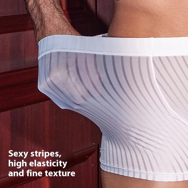 Men's vertical stripe nylon boxer briefs in black, white or dark grey