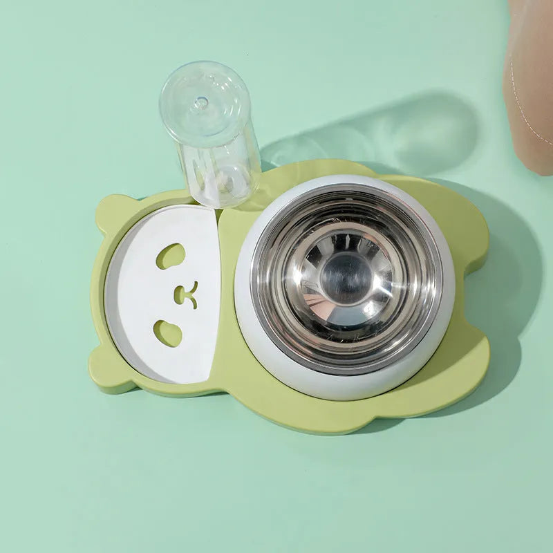 Grey and green panda-shaped elevated pet feeder with automatic water bottle and two tilted stainless steel bowls.