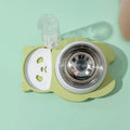 Grey and green panda-shaped elevated pet feeder with automatic water bottle and two tilted stainless steel bowls.