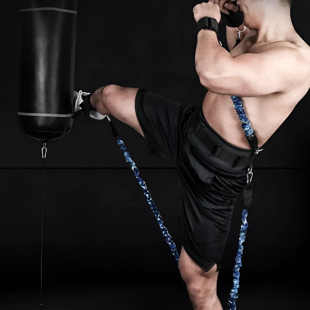 Fitness Bounce chest expander elastic belt with red, blue, black, and green resistance sleeves.