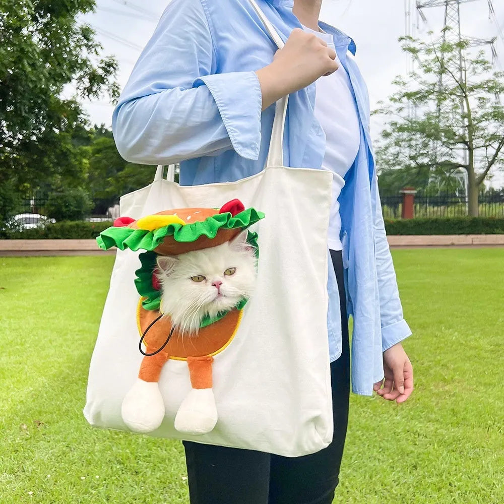 Canvas pet carrier shoulder bag with cartoon pattern for small dog or cat transport
