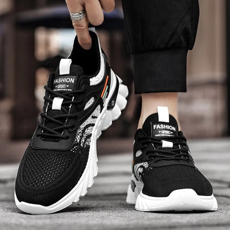 Men's white blue and black platform casual sports shoes with mesh upper and rubber sole