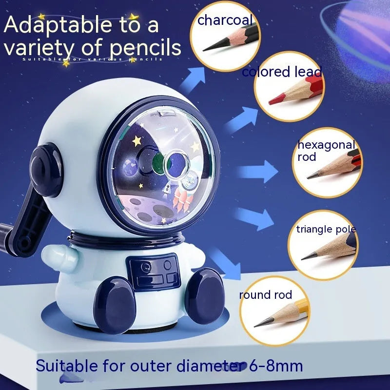 Astronaut cartoon pencil sharpener in blue or pink with anti-jam function and adjustable sharpening levels