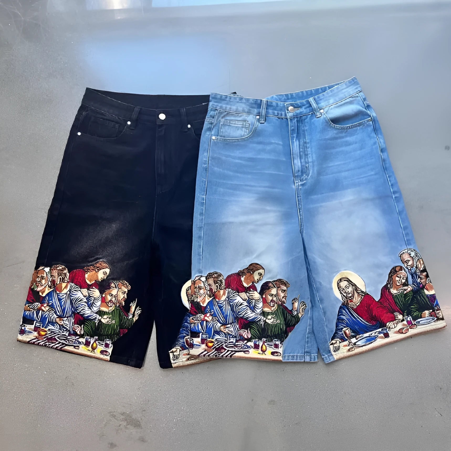 Men's blue cotton shorts with a printed design on the back pocket, showing tapered leg fit.