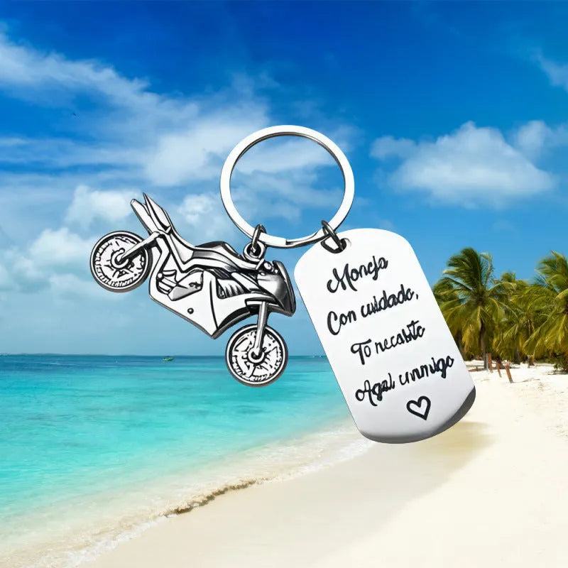 Stainless steel motorcycle keychain with modern simplicity design and velvet cloth packaging