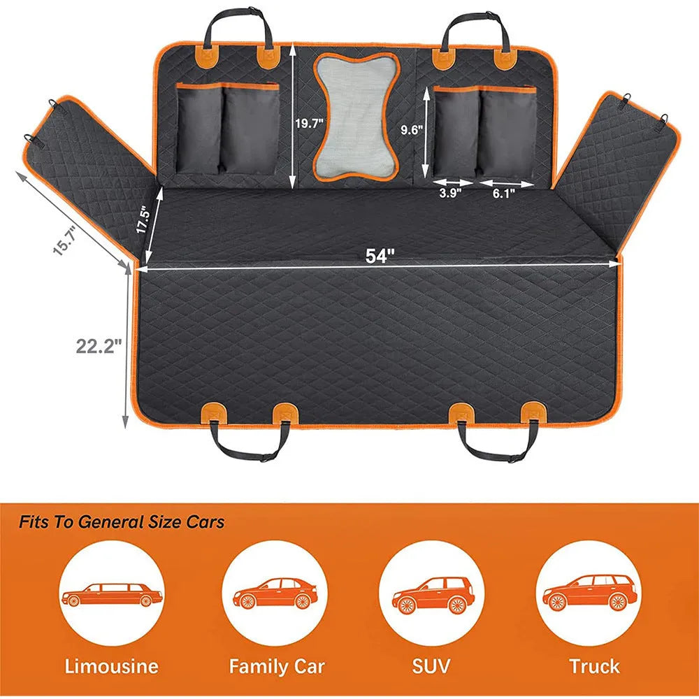 Black pet car seat mat with orange trim, showing mesh window and storage pocket on rear seat.