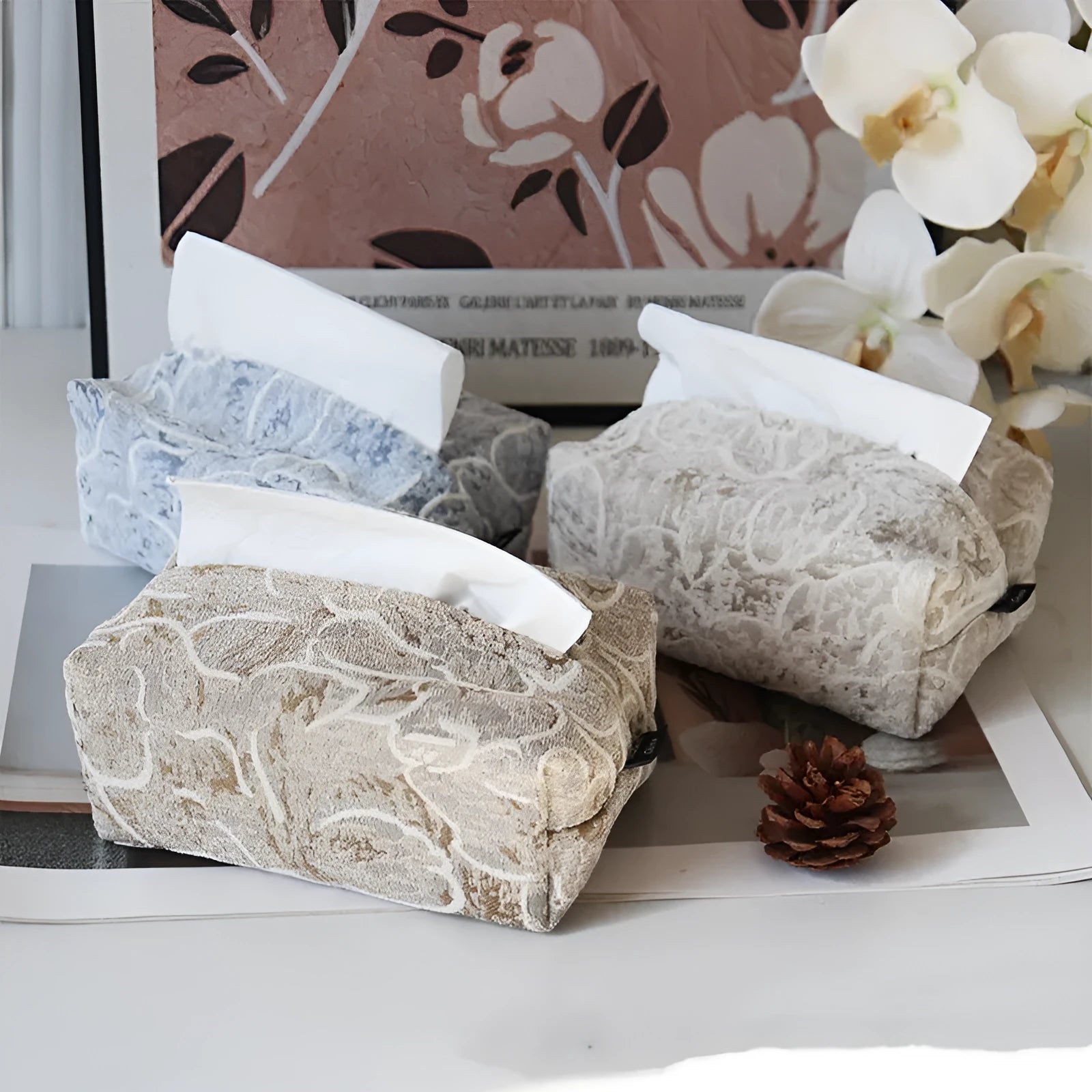 Chinese pastoral style cotton fabric tissue box with drawer in beige rose colour on tea table