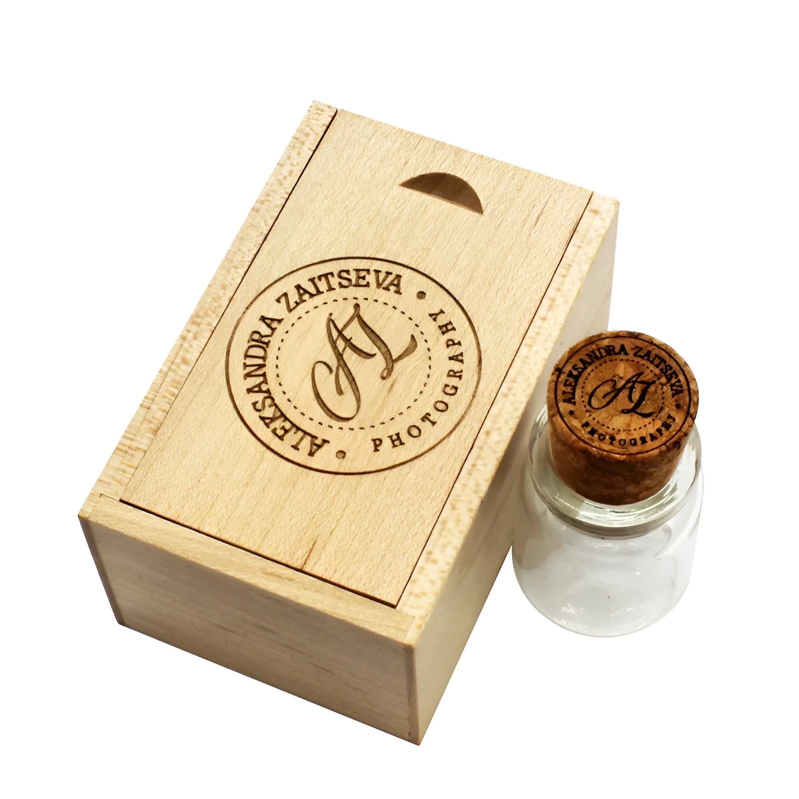 Chocolate brown wooden USB flash drive with custom lettering showing dimensions of 8.5cm by 5.6cm