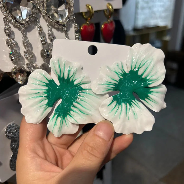 Pastoral-style alloy flower stud earrings with oil-spot glaze electroplating finish