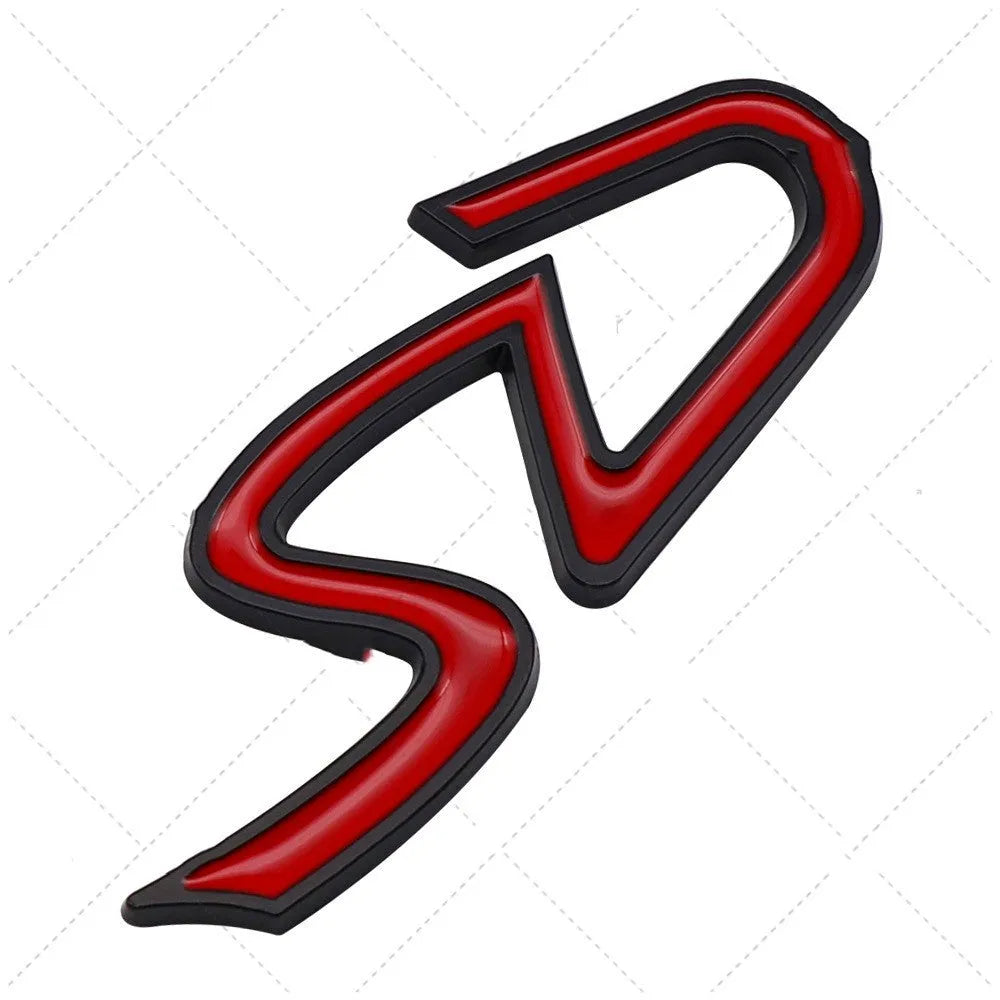 SD and D series metal decorative car sticker in red and black colour combination showing dimensional construction