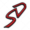 SD and D series metal decorative car sticker in red and black colour combination showing dimensional construction