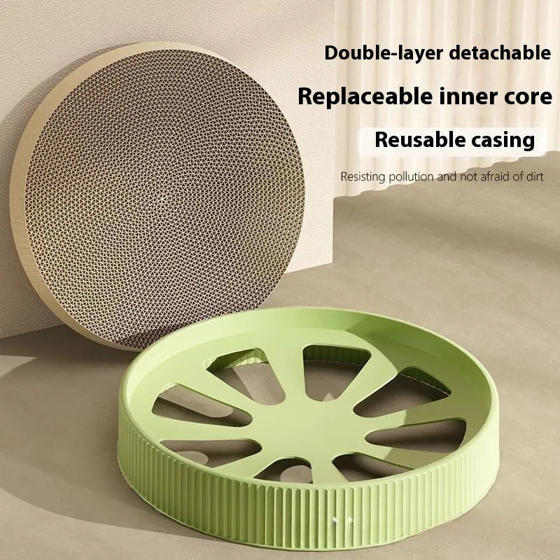 Round green cat scratching board with replaceable corrugated cardboard insert, 55cm diameter