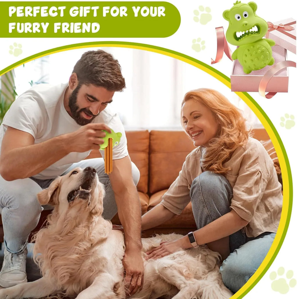 Green and yellow natural rubber dog toy for aggressive chewers with squeaker and fillable centre