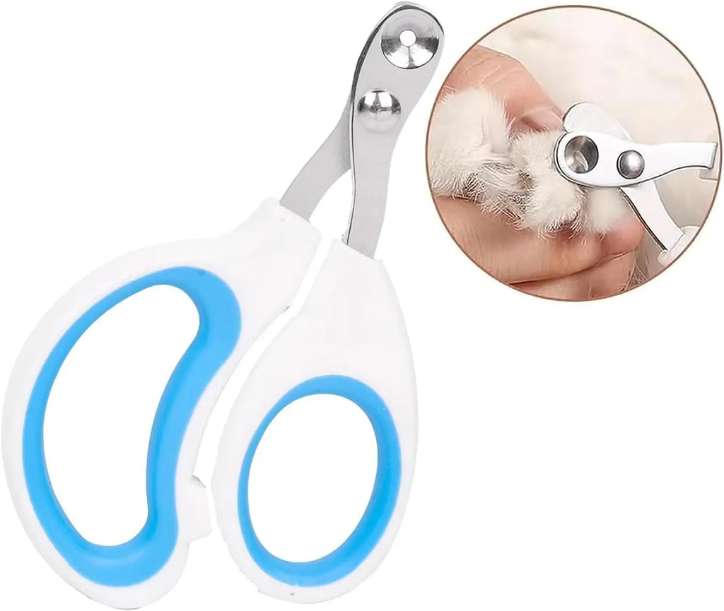 Blue pet nail clippers with circular hole design and cushioned non-slip handle on a white background.