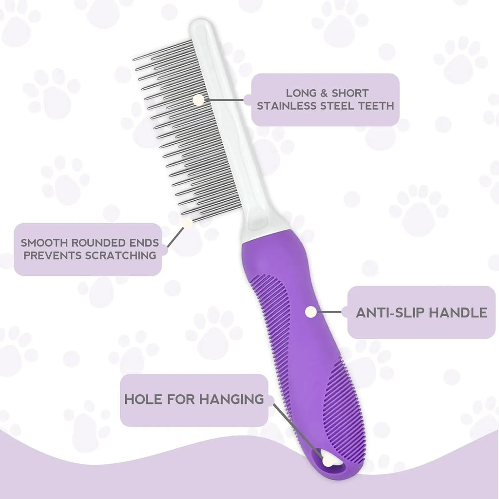 Purple handled pet grooming comb with stainless steel teeth for detangling dog and cat hair.