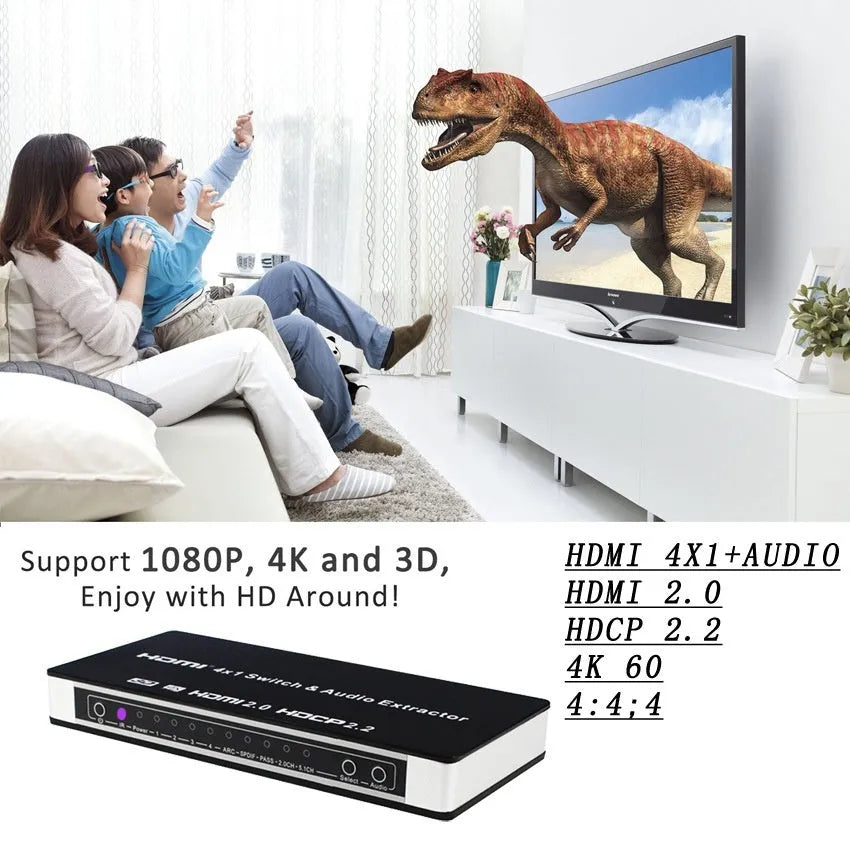 Black HDMI audio switch with four input ports, one output port, remote control, and international power adapters