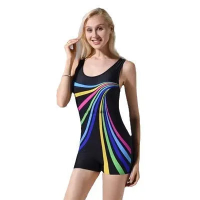 Black and blue women's sleeveless one-piece swimsuit made from quick-drying polyester fabric.