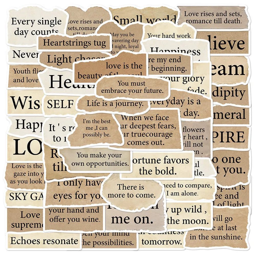 Torn English decorative laptop stickers in matte and glossy PVC finishes, 4-7cm each