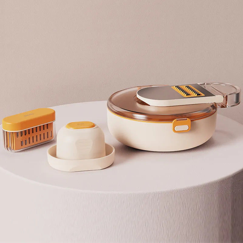 Grey multifunctional vegetable cutter with 8 knives in ABS and stainless steel, on a kitchen counter
