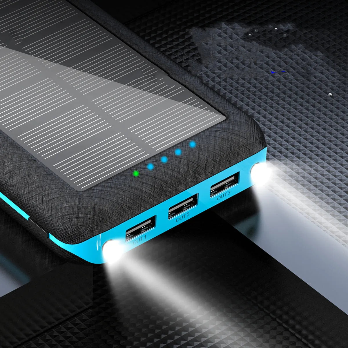 Qi wireless solar power bank with 3 USB outputs and LED flashlight in black plastic shell