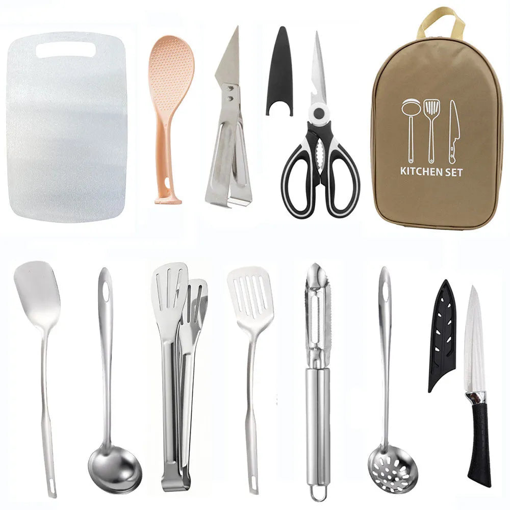 Portable picnic bag containing a 12-piece stainless steel kitchenware set.