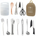 Portable picnic bag containing a 12-piece stainless steel kitchenware set.