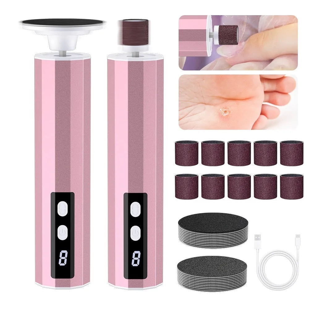Pink household electric callus remover with 20 grinding wheels and USB charger, rechargeable foot care tool