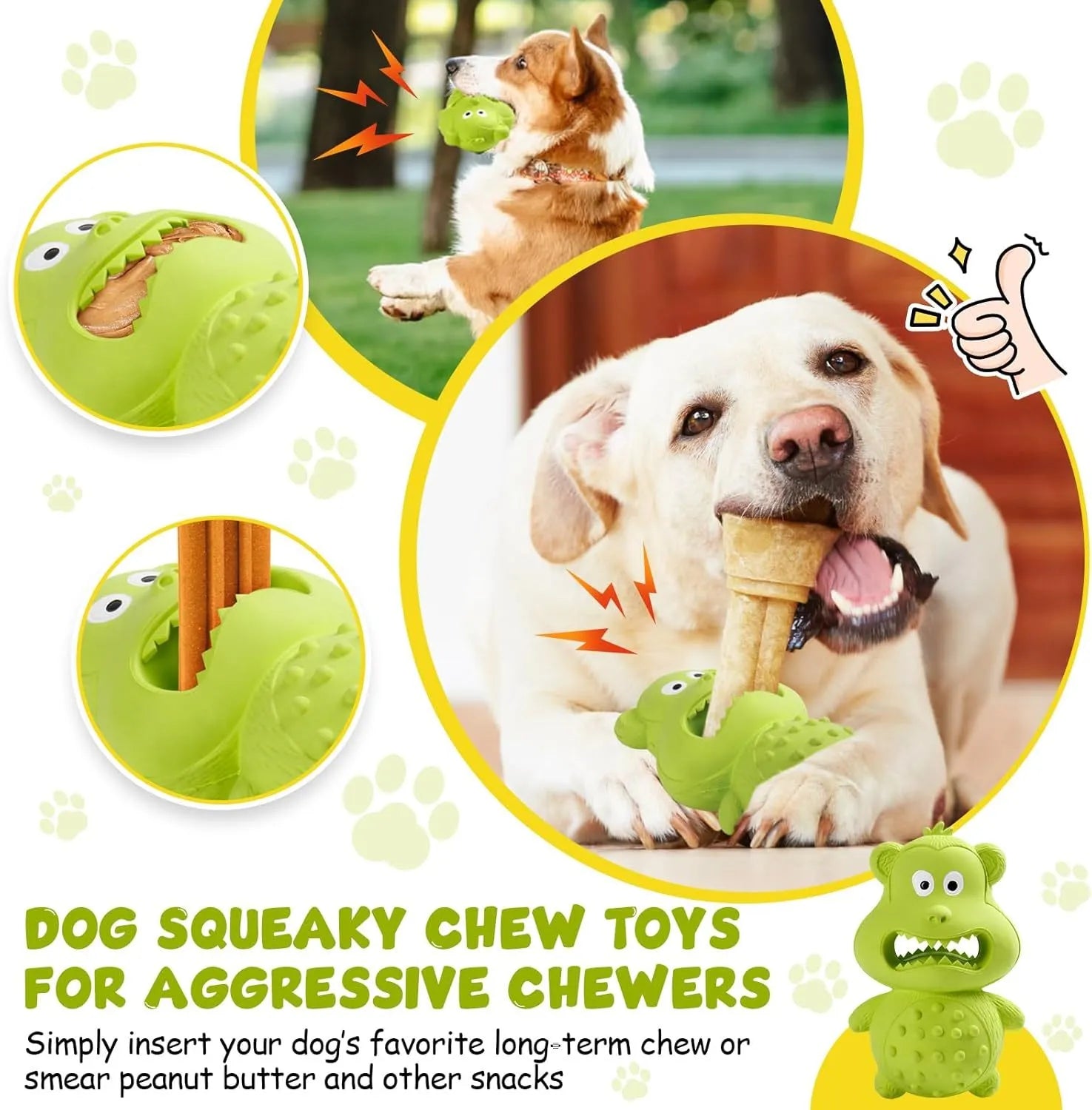 Green and yellow natural rubber dog toy for aggressive chewers with squeaker and fillable centre
