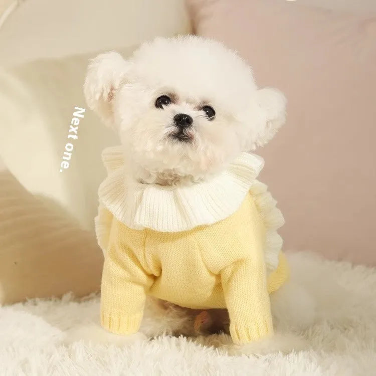 Autumn pet puppy sweater in acrylic knit with fairy dress style on small dog