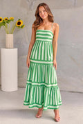 Women's striped summer dress with backless square neck, suspender straps, and side pockets