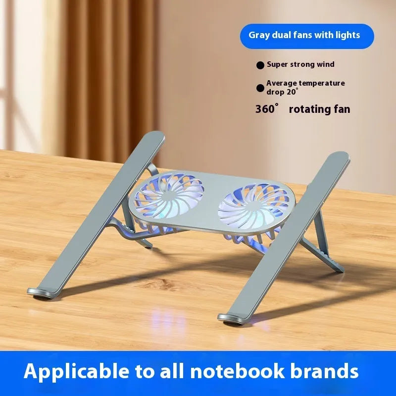 Aluminium alloy notebook stand with twin fans, silver finish, on a desk with a laptop placed on top