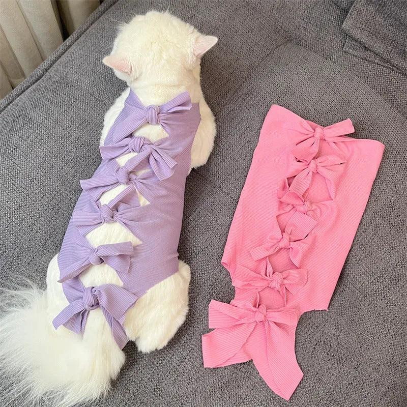 Lace-up cat sterilisation clothing in pink, purple, blue, brown or green pineapple colours with adjustable closure