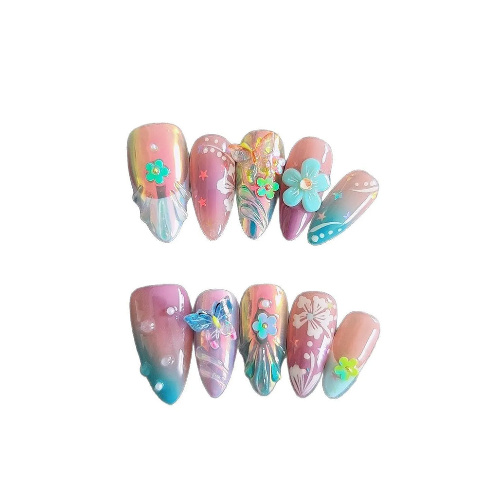 Handmade 3D flower and butterfly nail art sculptures in colourful press-on manicure designs