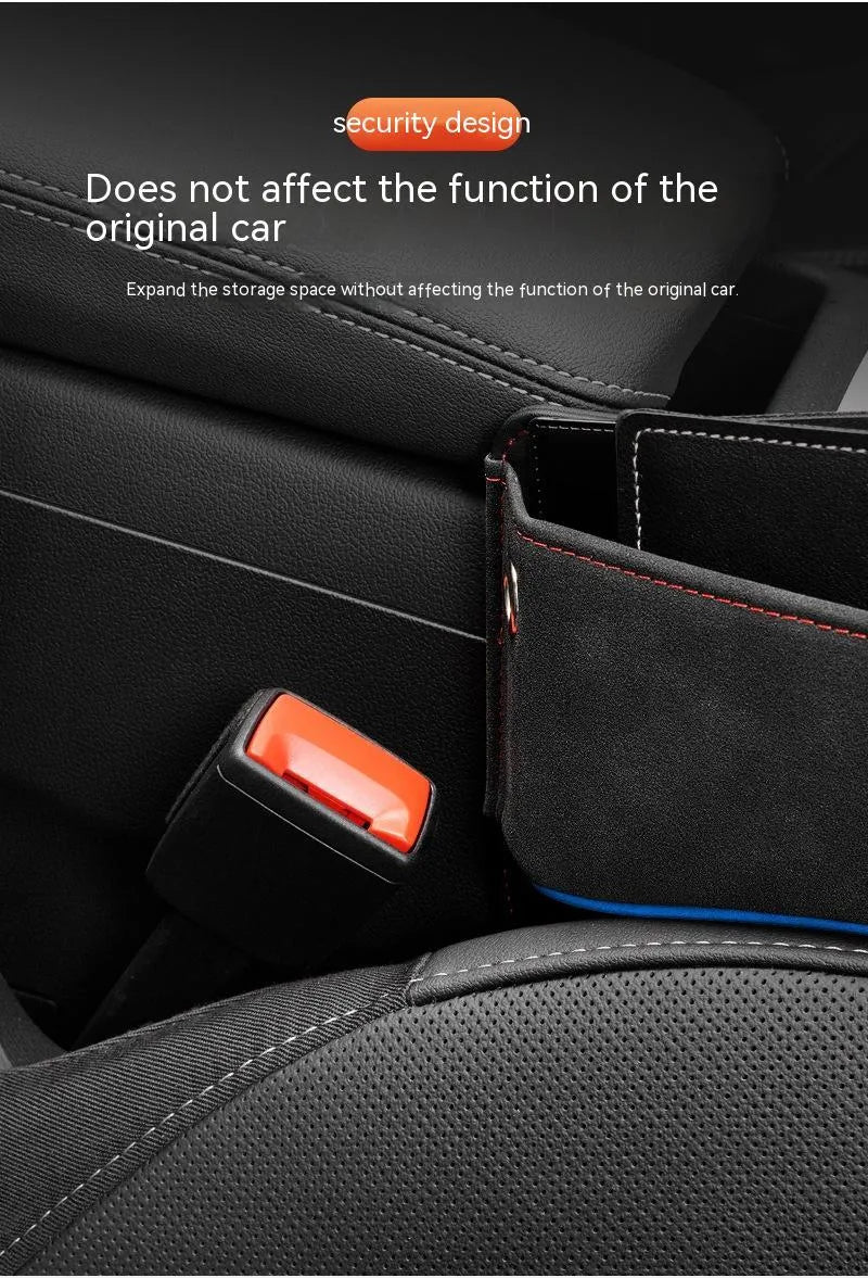 Leather car seat storage organiser box in beige colour on a car passenger seat.