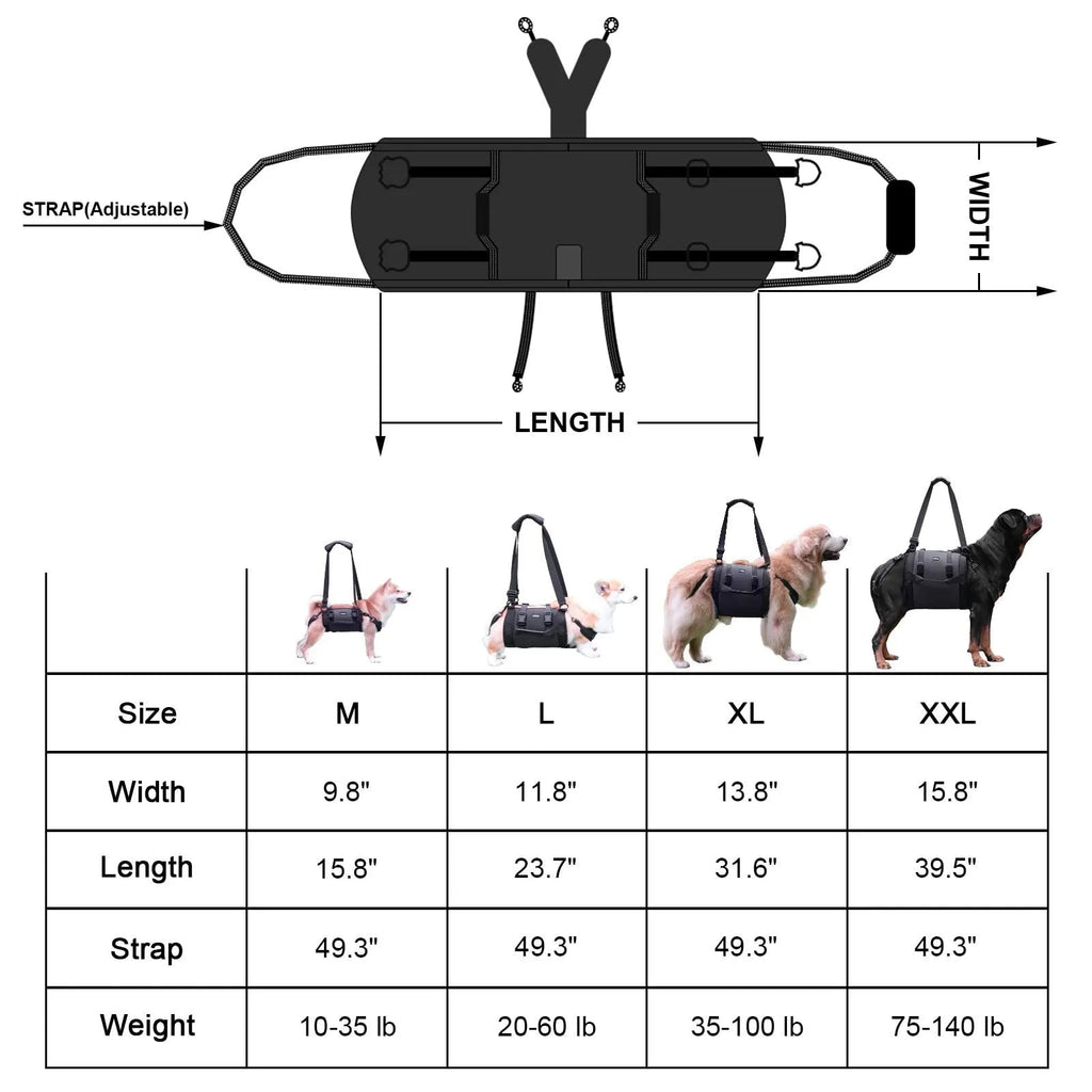 Black Oxford cloth dog rehabilitation harness with adjustable straps for leg support