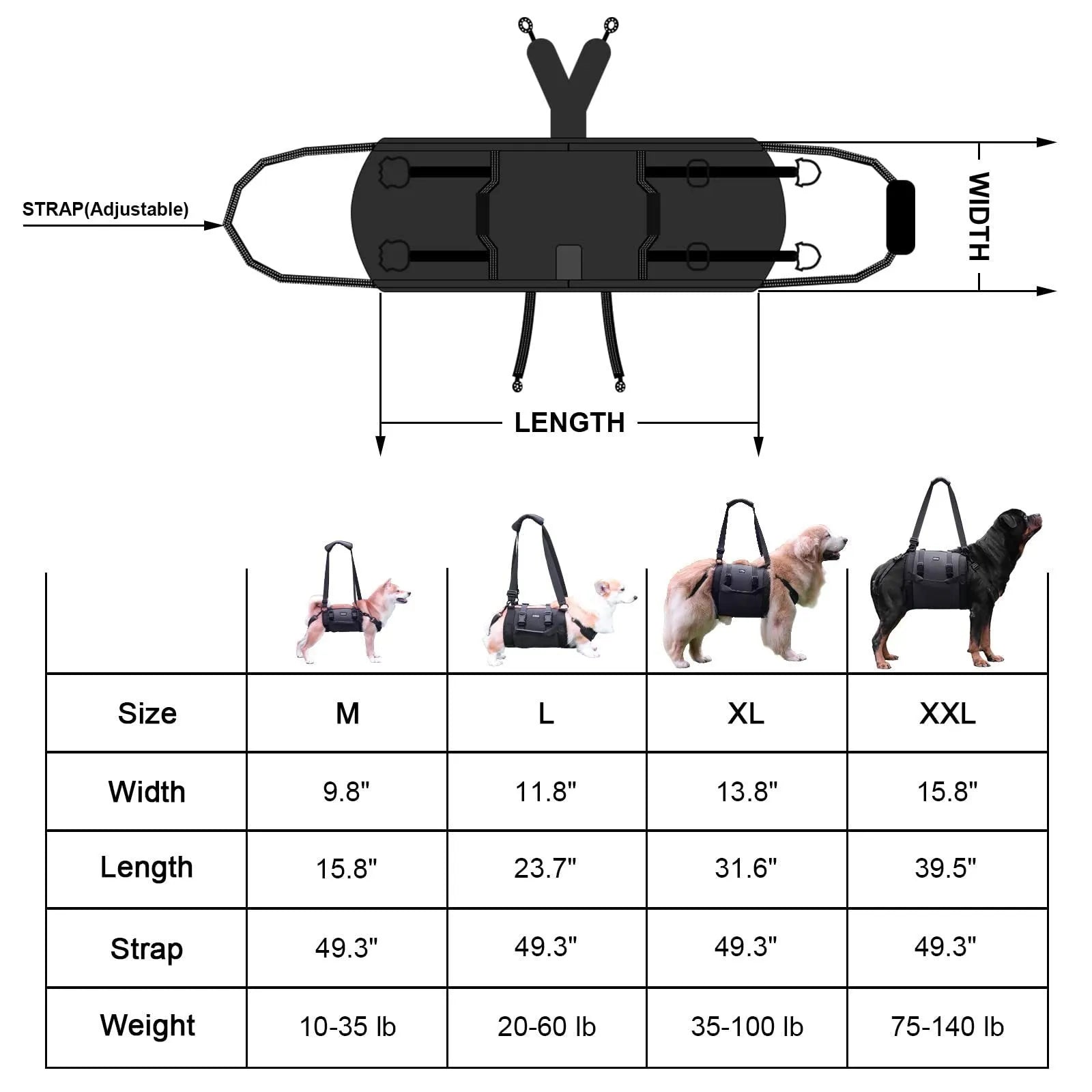 Black Oxford cloth dog rehabilitation harness with adjustable straps for leg support