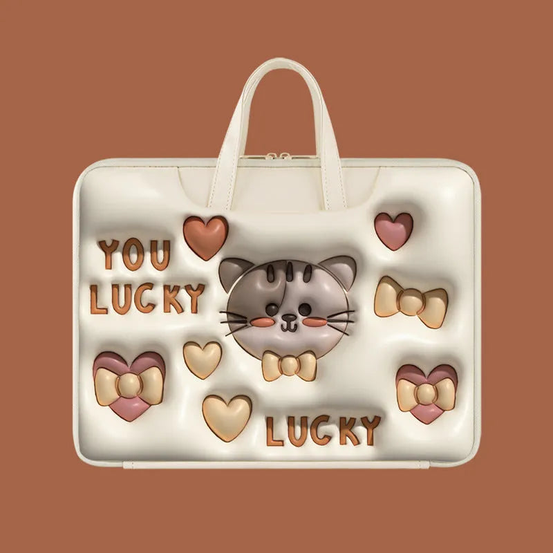 Inflatable laptop bag with PU leather in Cat Beige colour, hanging on a suitcase, showing 13.3 inch size option.