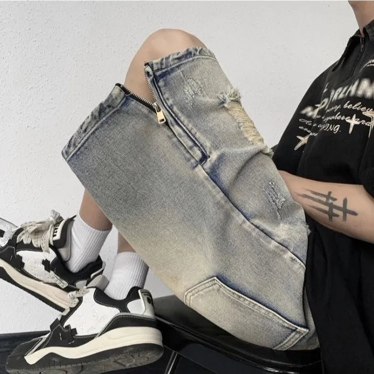 Blue retro tattered denim shorts with wide-leg loose fit for women, side view