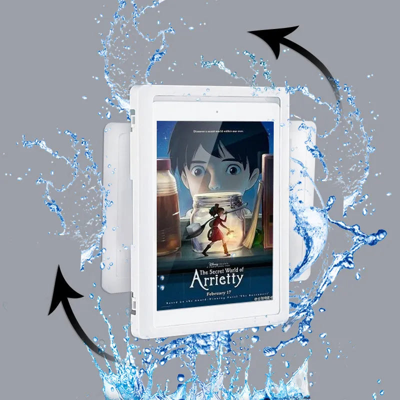 Waterproof phone holder in Crescent White with anti-fog window and touch screen on bathroom tile