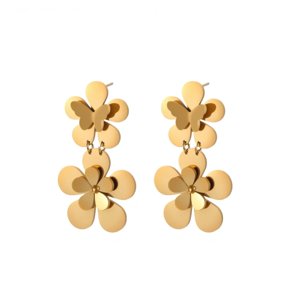 Women's stainless steel earrings with 18K gold electroplated flower butterfly design and post backs