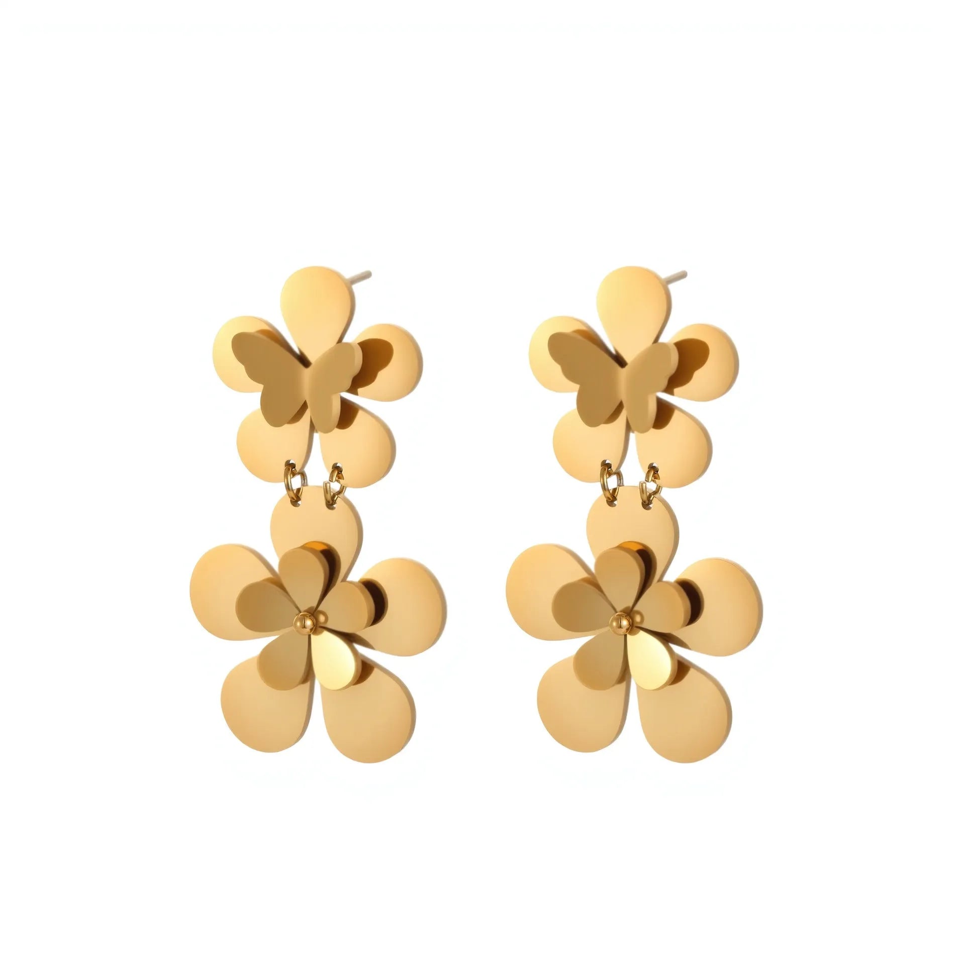 Women's stainless steel earrings with 18K gold electroplated flower butterfly design and post backs