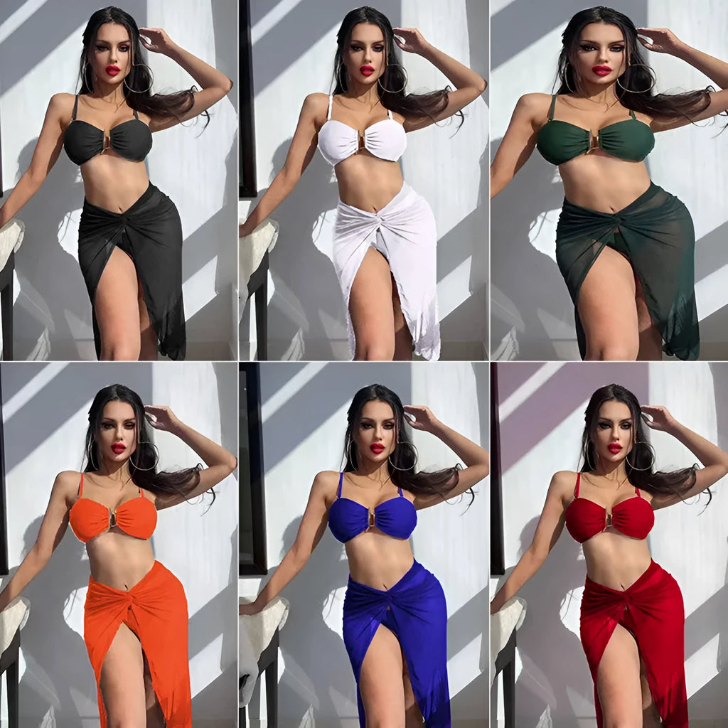 Women's three-piece bikini set with long culottes in polyester fabric, available in multiple solid colours